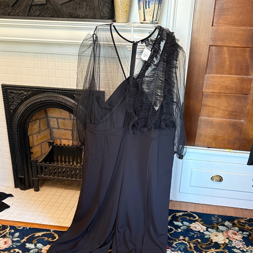Ashley Stewart Black Sheer Ruffle Jumpsuit